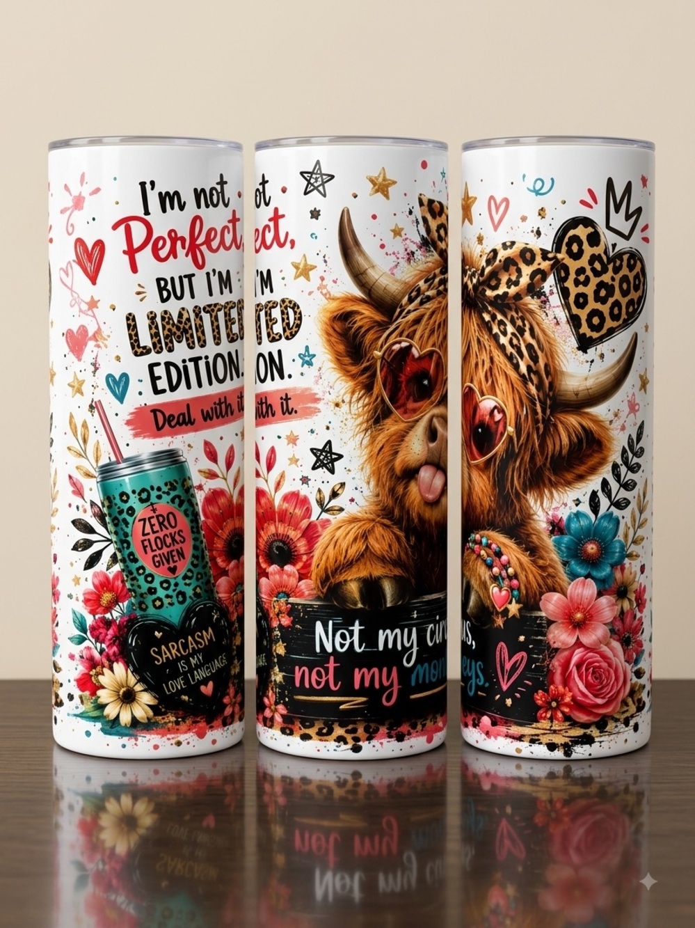 Hand Crafted White Floral Highland Cow 20 oz Tumbler